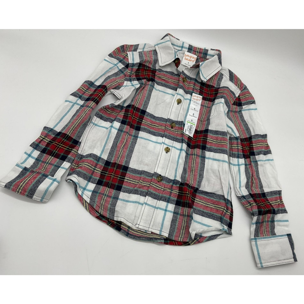 Jumping Beans Shirt Boys Size 5 Plaid Long Sleeve Button Up Red Blue White New